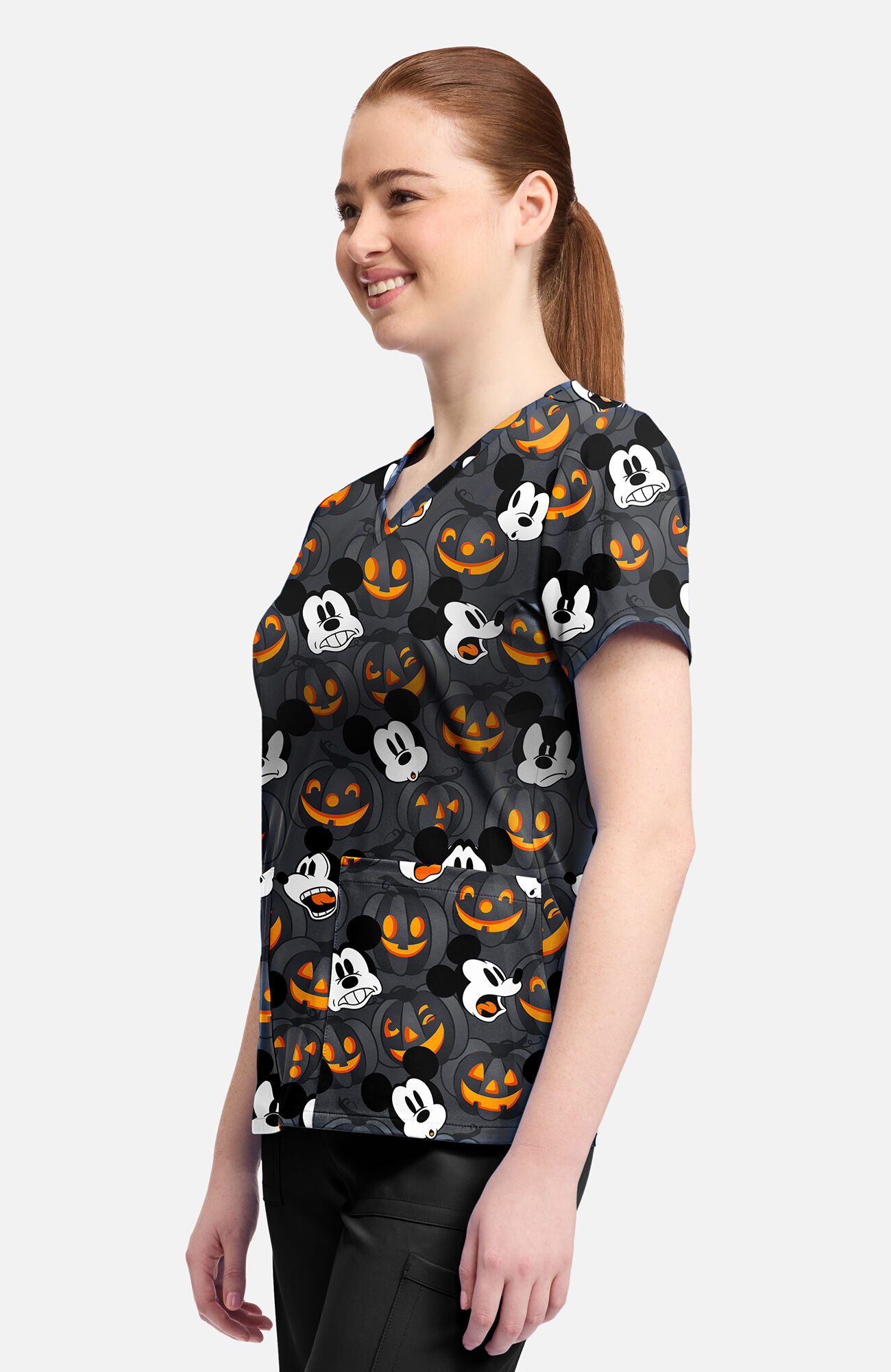 Women's Mickey Scaredy Pumpkin Print Scrub Top, , large
