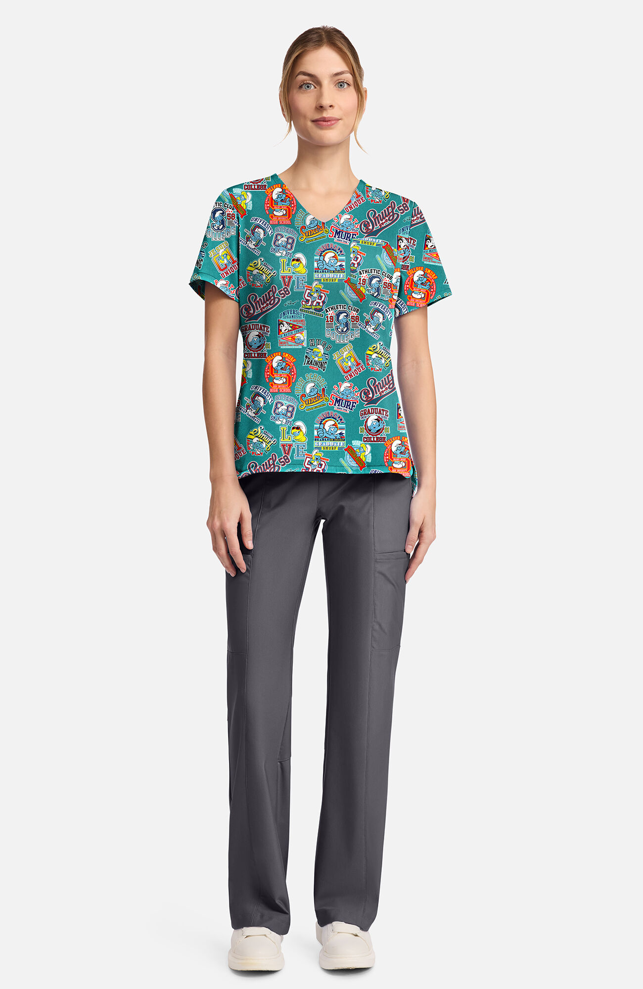 Women's Collegiate Smurfs Print Scrub Top