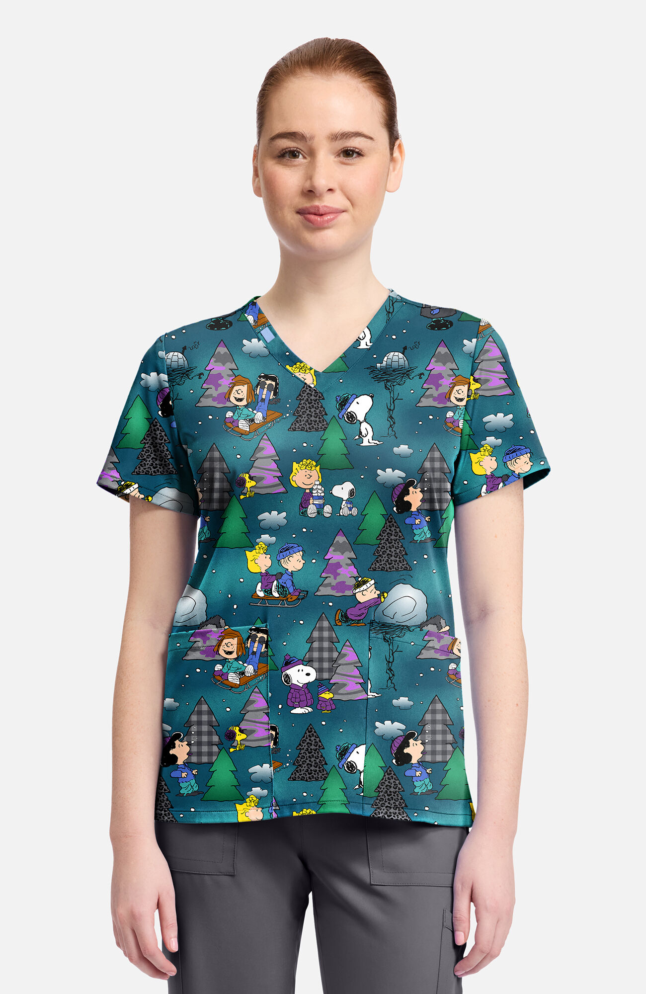 Women's Snoopy Winter Forest Print Scrub Top
