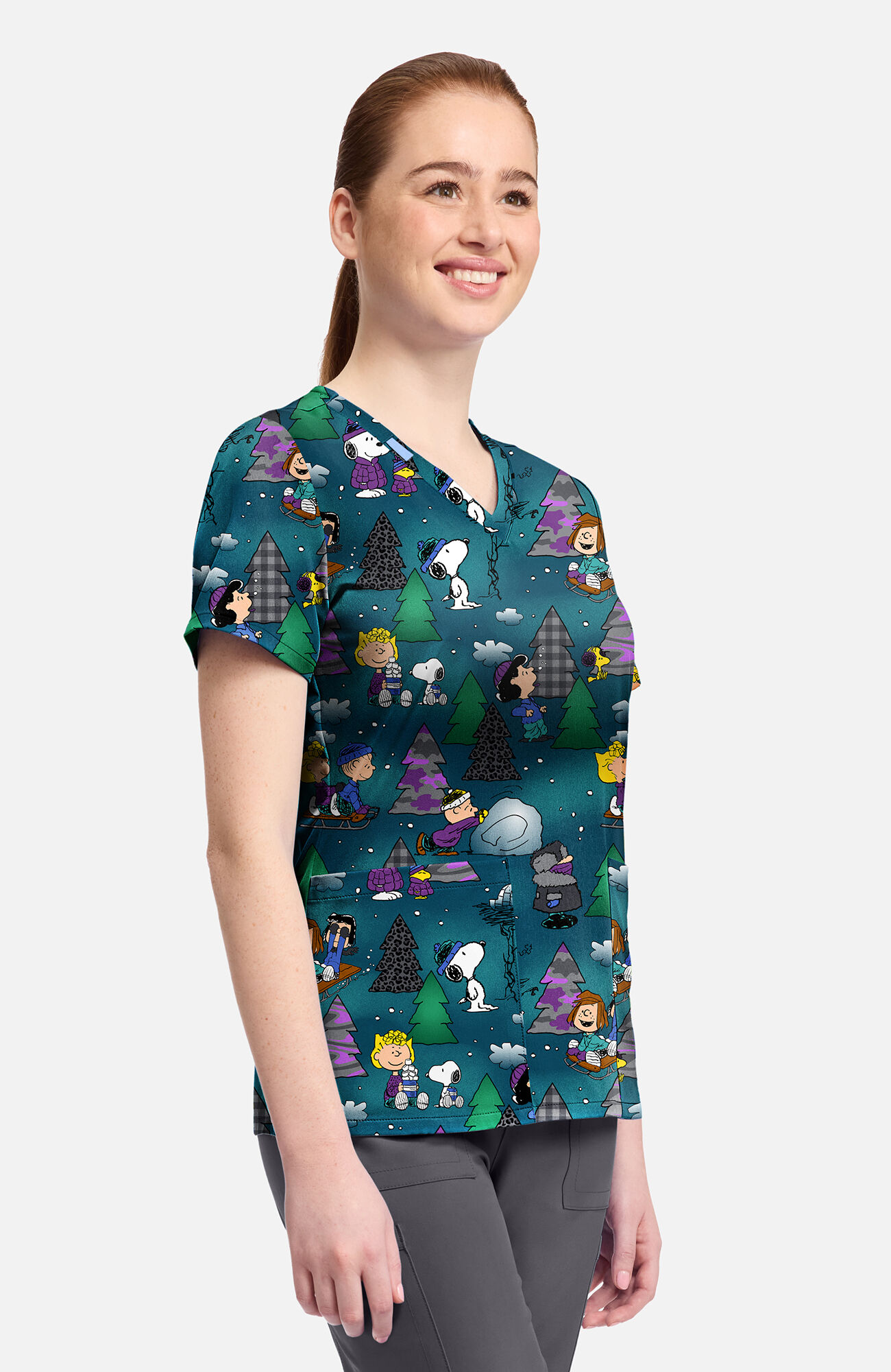 Women's Snoopy Winter Forest Print Scrub Top, , large