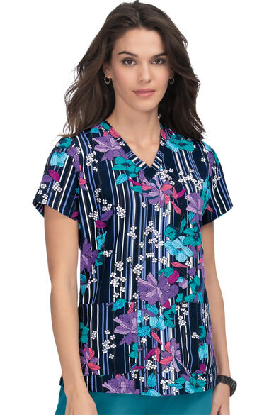 Clearance Women's Early Energy Striped Floral Print Scrub Top, , large