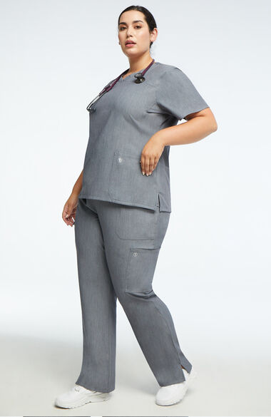 Women's Notched Solid Scrub Top & Cargo Scrub Pant Set, , large