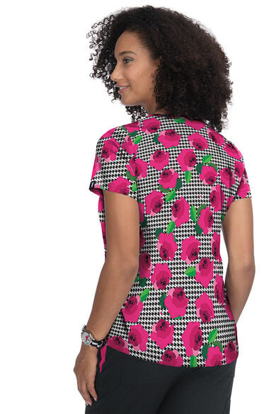 Clearance Women's Doll Houndstooth Rose Print Scrub Top, , large