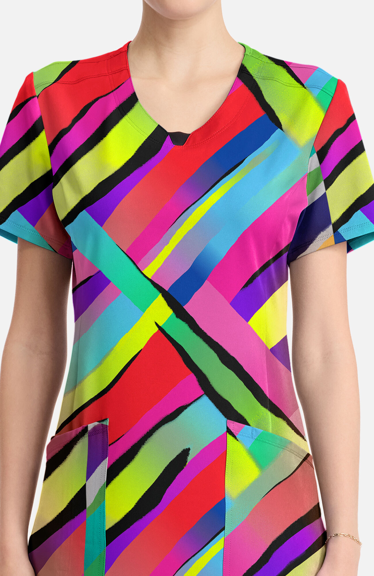 Women's Round Neck Color Block Stripe Print Scrub Top, , large