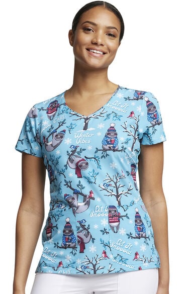 Clearance Women's V-Neck Winter Vibes Print Scrub Top, , large