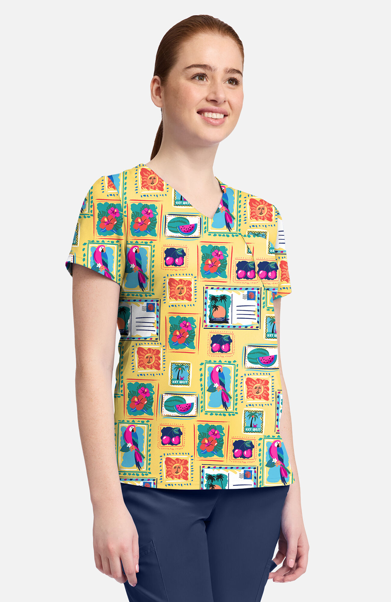 Women's V-Neck Vacation Post Card Print Scrub Top, , large