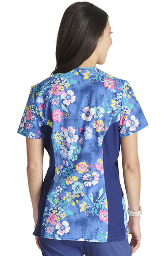 Women's Mock Wrap Blooming Tie Dye Print Scrub Top
