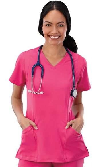 Clearance Women's Mesh Trim V-Neck Solid Scrub Top, , large