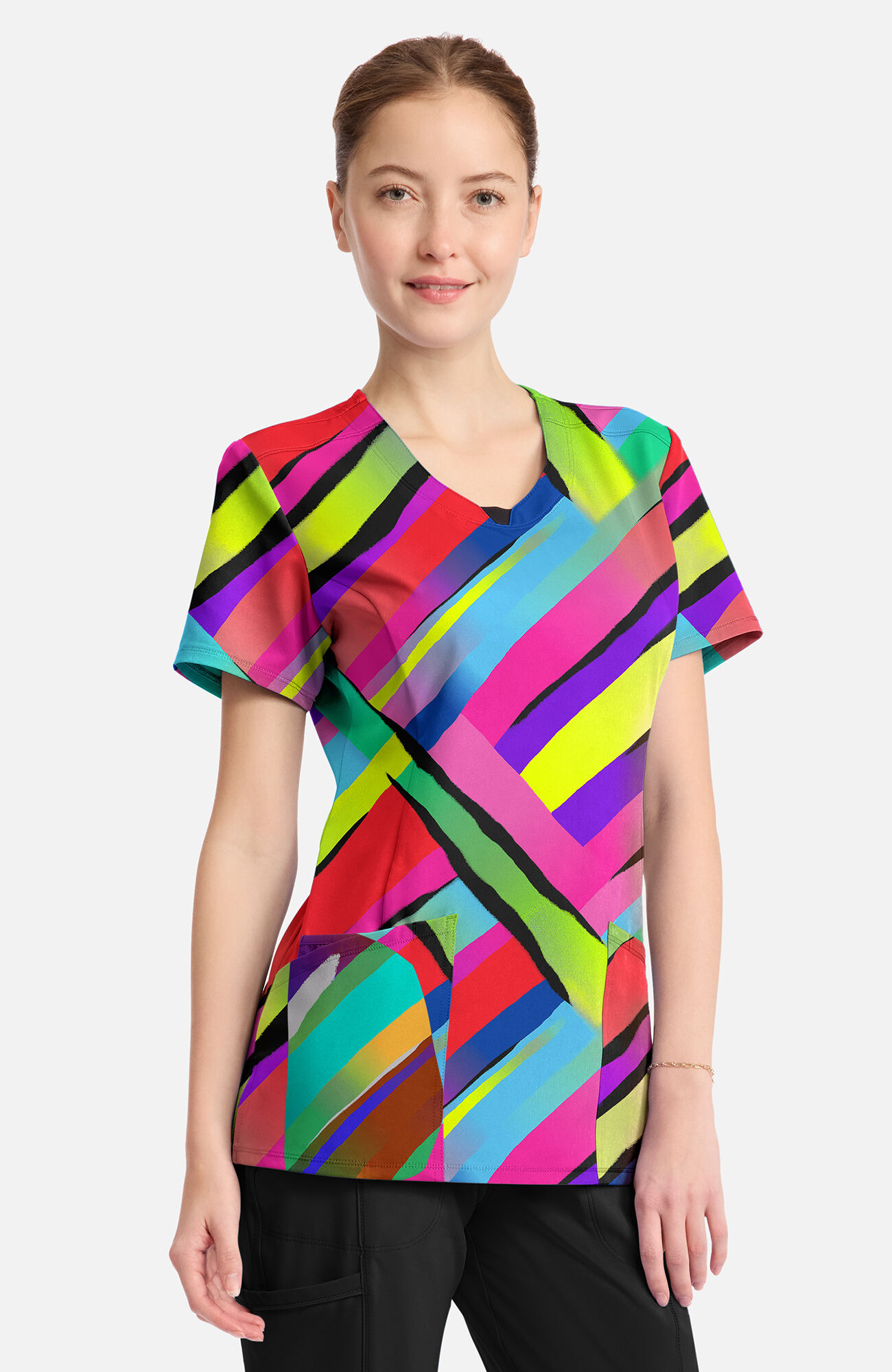Women's Round Neck Color Block Stripe Print Scrub Top, , large