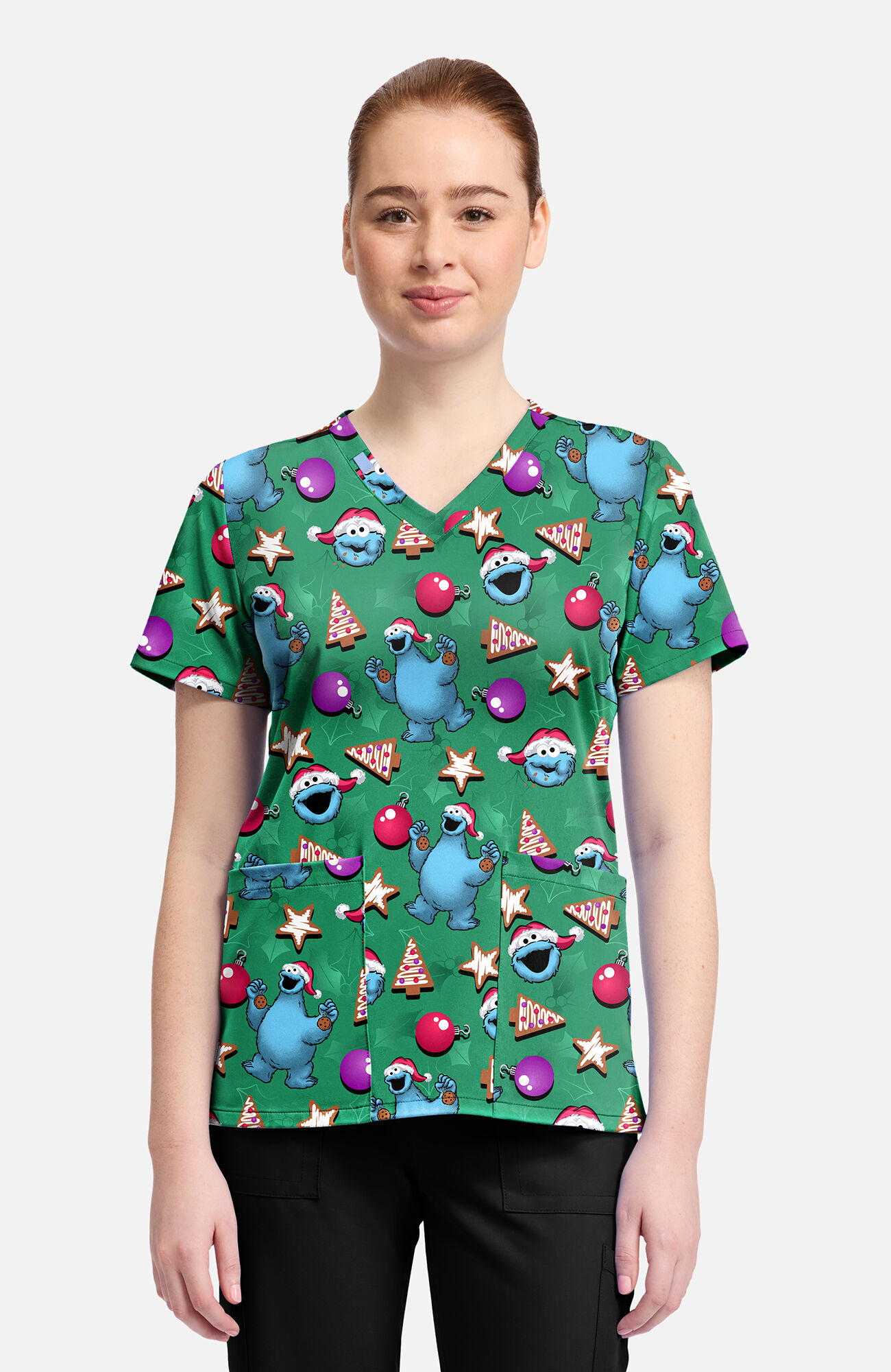 Women's Christmas Cookie Monster Print Scrub Top