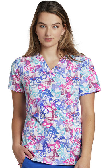 Women's Painted Butterfly Print Scrub Top, , large