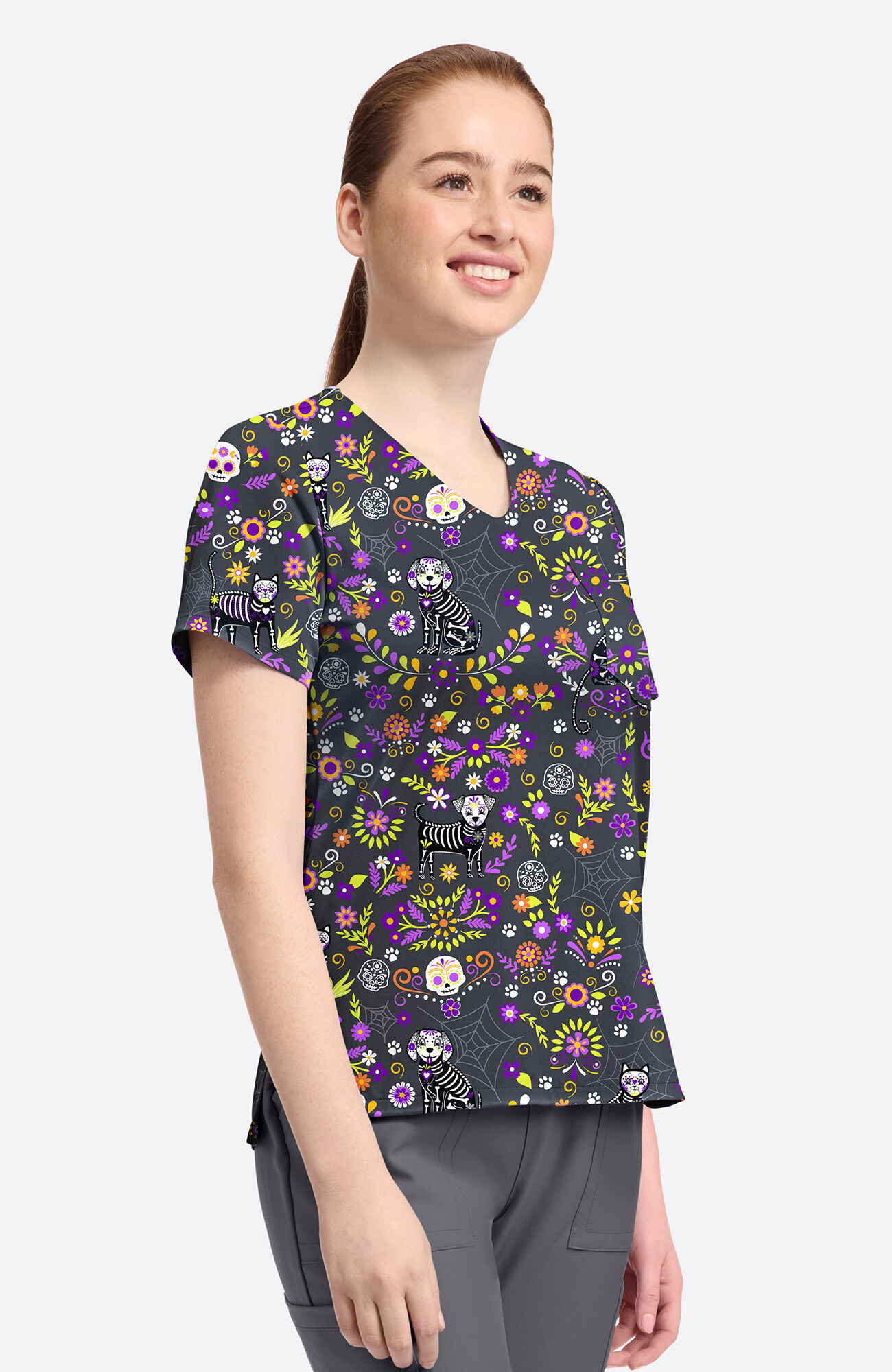 Women's Day Of The Pets Print Scrub Top, , large