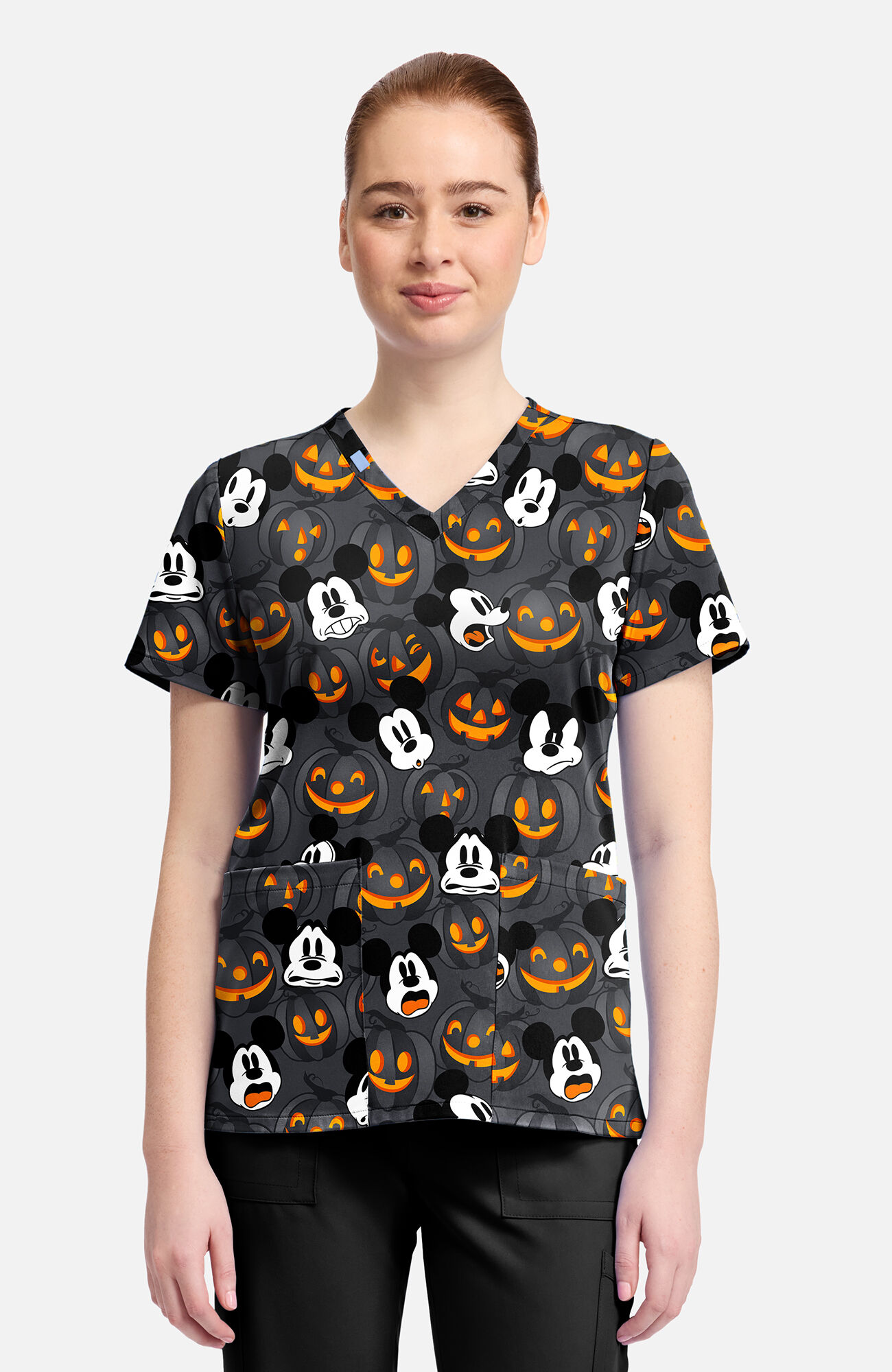 Women's Mickey Scaredy Pumpkin Print Scrub Top