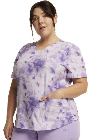 Clearance Women's Tonal Tie Dye Lavender Print Scrub Top, , large