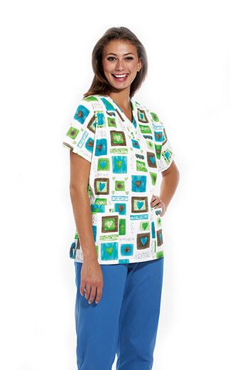 Clearance Scrub H.Q. by Women's Discount V-Neck 2-Pocket Tunic Style Heart Print Scrub Top