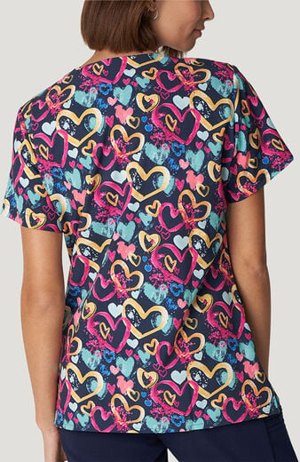 Women's V-Neck All You Need Is Luv Print Scrub Top