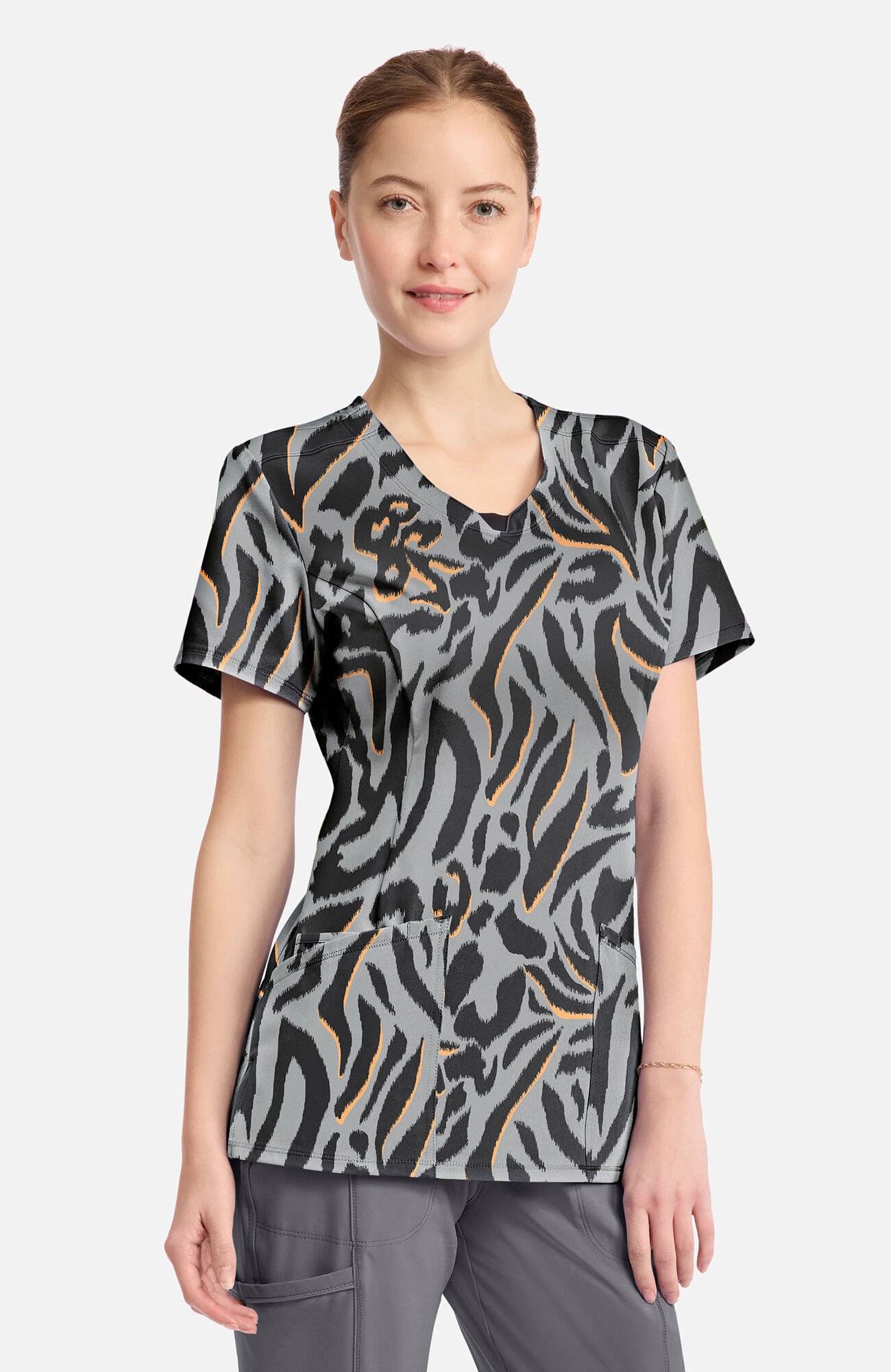 Women's Round Neck Big Cat Print Scrub Top, , large