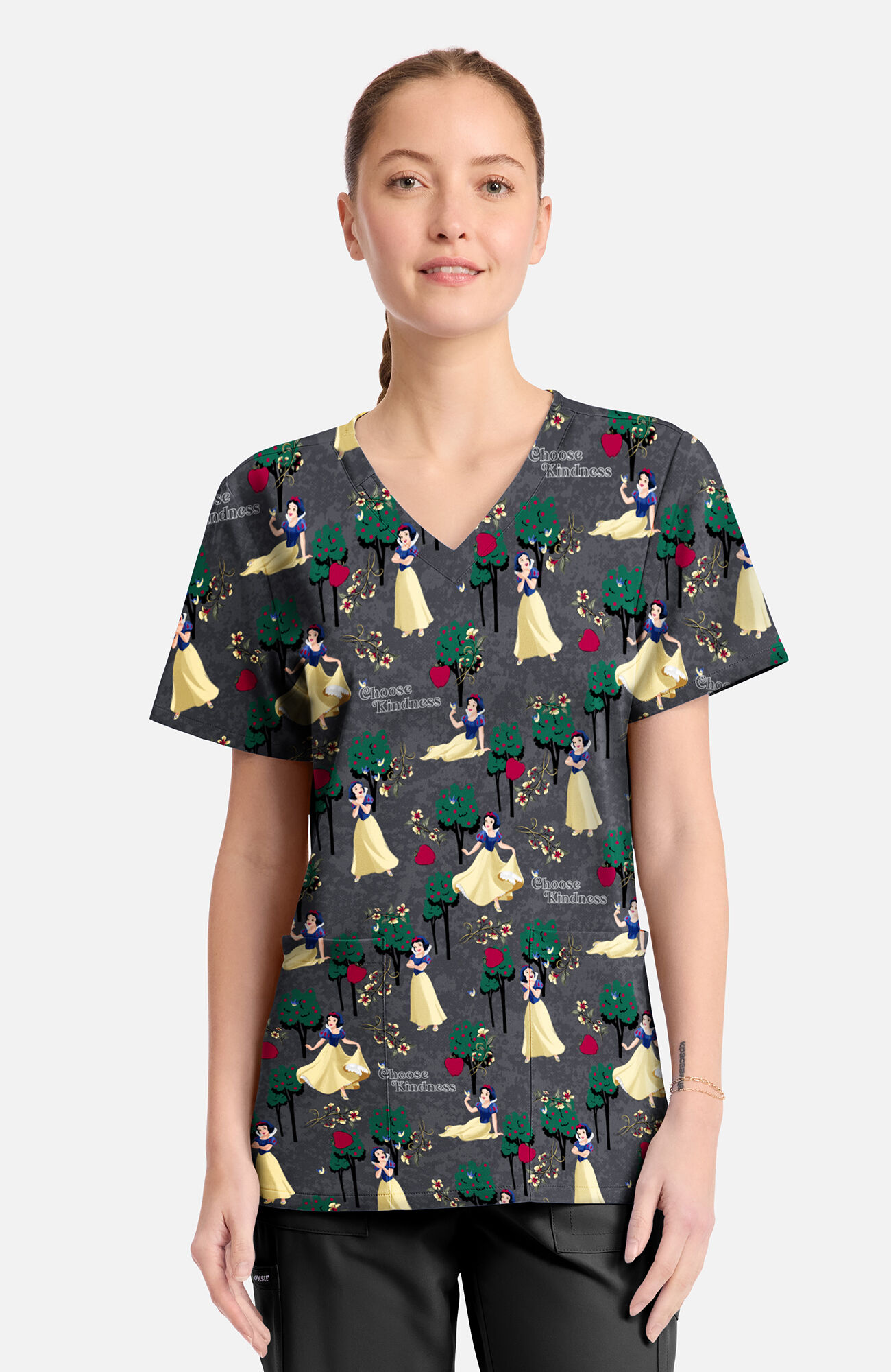 Women's Snow White Sending Kindness Print Scrub Top, , large