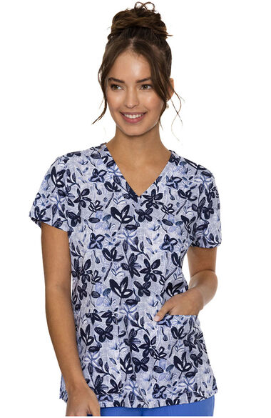 Clearance Women's Vicky Newspaper Daisy Print Scrub Top, , large