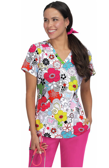 Clearance Women's Doll Delight White Print Scrub Top, , large