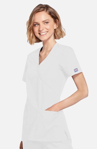 Women's Mock Wrap Knit Panel Solid Scrub Top Women's Mock Wrap Knit Panel Solid Scrub Top