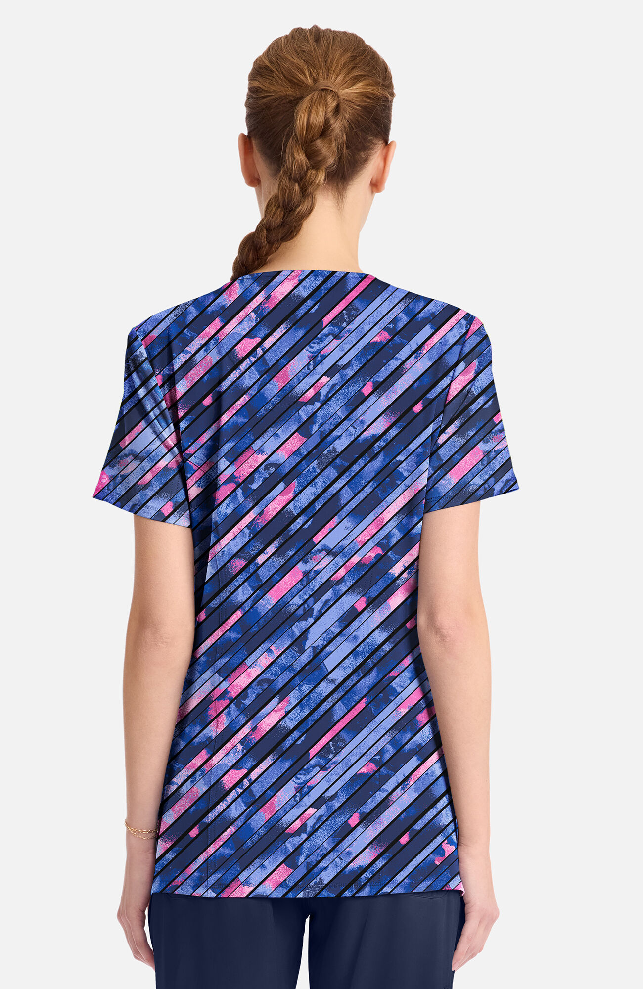 Women's Round Neck Staggered Marble Print Scrub Top, , large