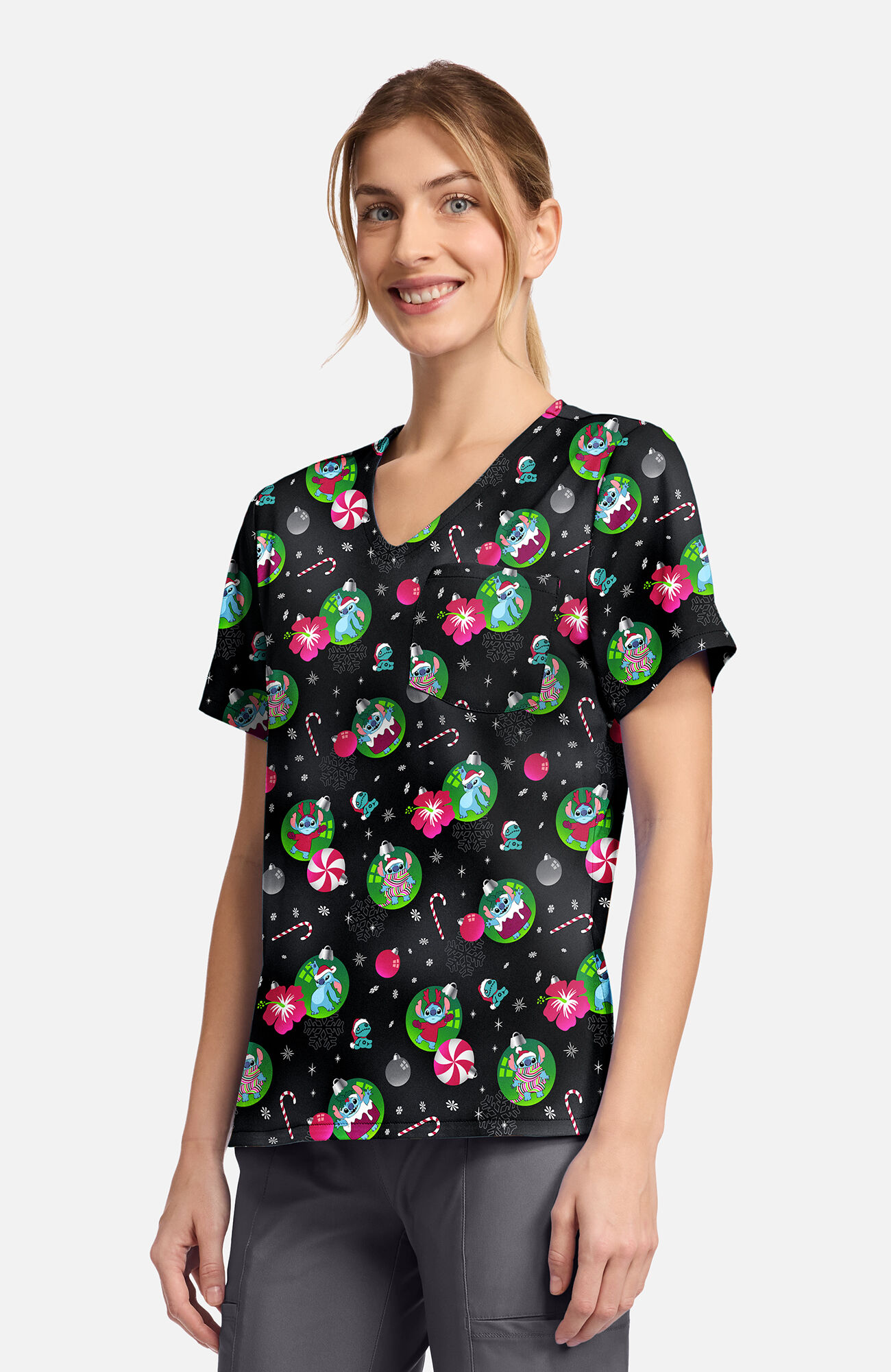 Women's Baubles And Bulbs Print Scrub Top, , large