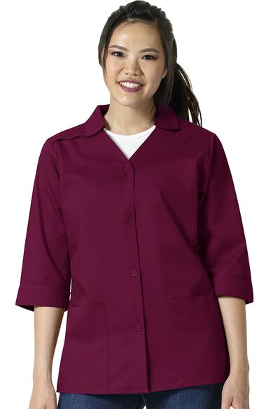 Women's ¾ Sleeve Button Front Solid Smock Scrub Jacket, , large