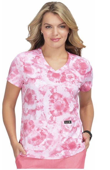 Clearance Women's Leslie Dreamscape Pink Print Scrub Top, , large