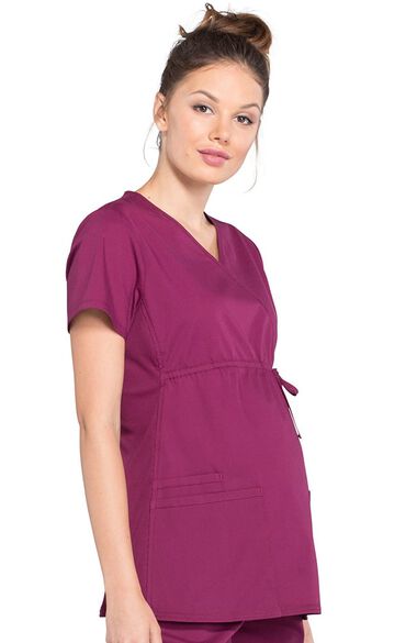 Women's Maternity Mock Wrap Soft Knit Panel Solid Scrub Top, , large