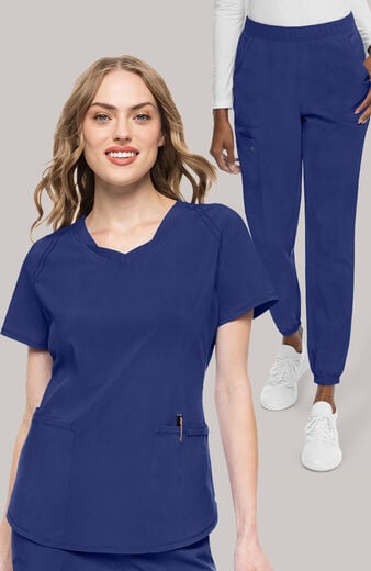 Women's Scrub Set: Layered V-Neck Top & Mid Rise Pull On Jogger Pant Women's Scrub Set: Layered V-Neck Top & Mid Rise Pull On Jogger Pant