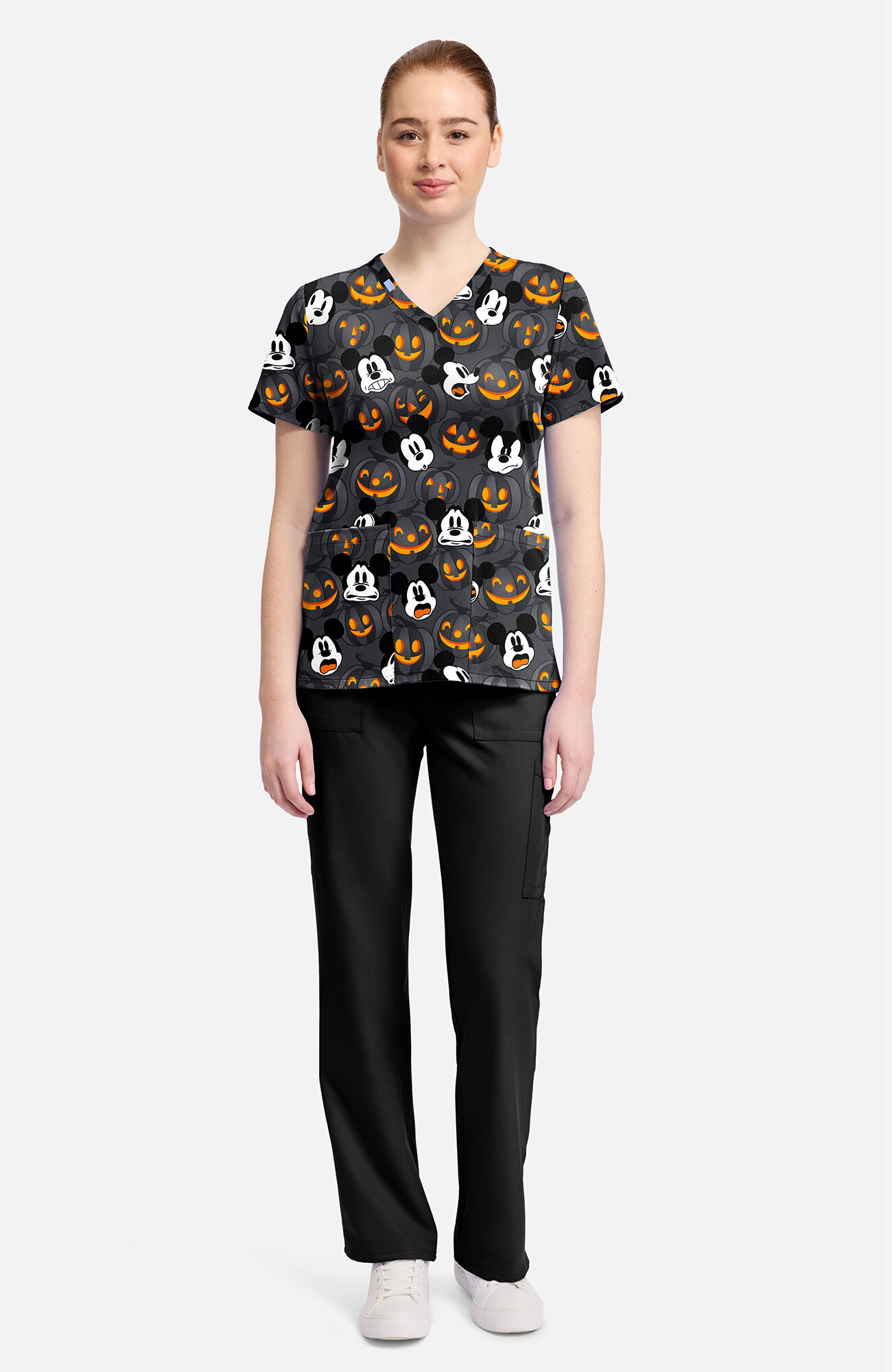 Women's Mickey Scaredy Pumpkin Print Scrub Top