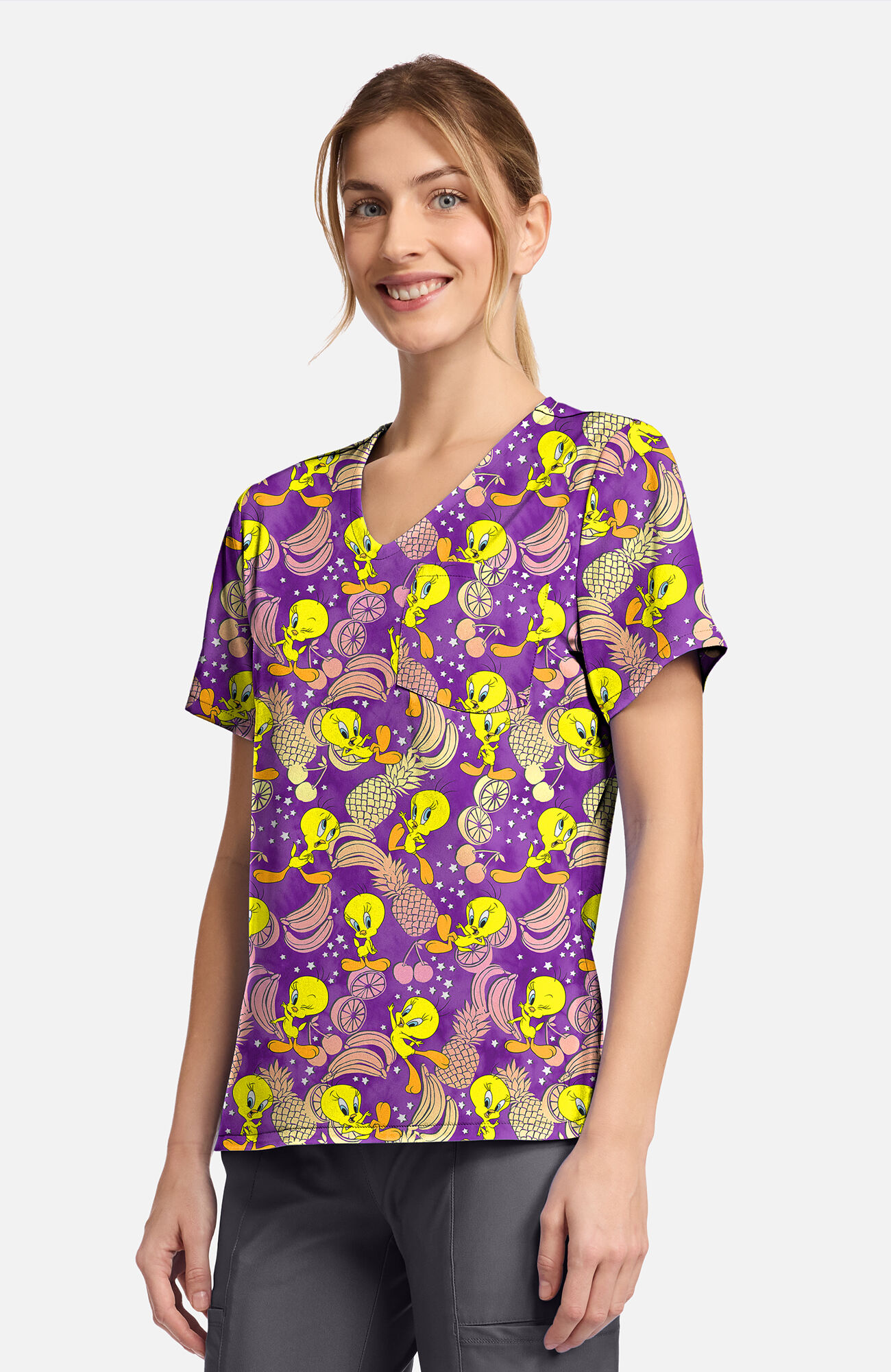 Women's Tropical Tweety Print Scrub Top, , large