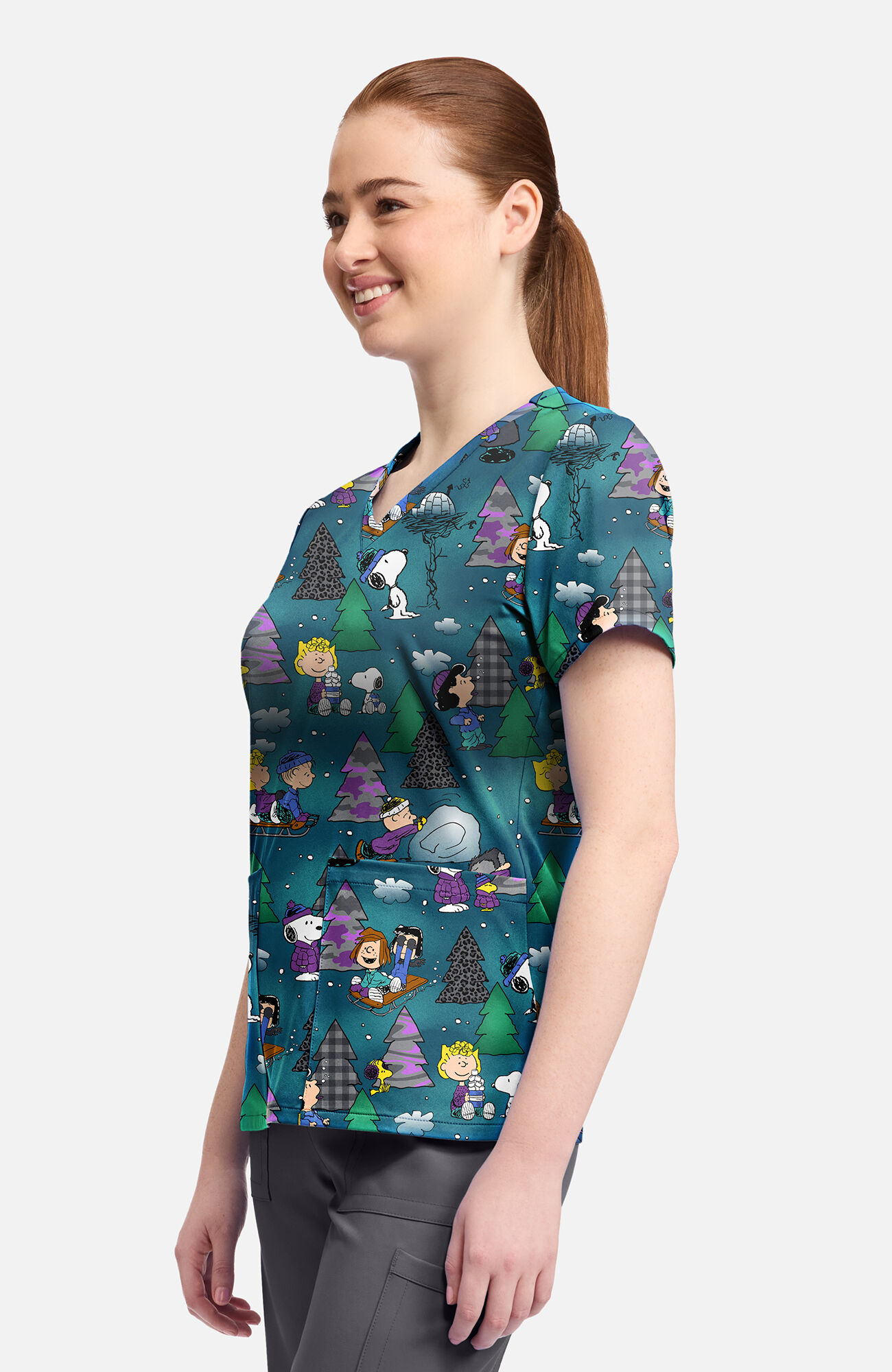 Women's Snoppy Winter Forest Print Scrub Top, , large