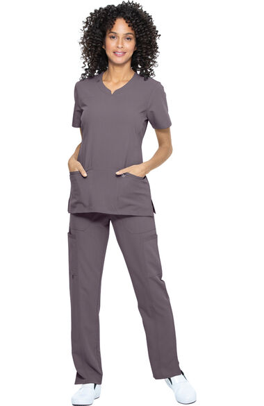Clearance Women's Notched Solid Scrub Top & Yoga Scrub Pant Set, , large