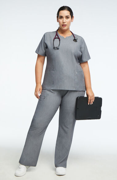 Women's Notched Solid Scrub Top & Cargo Scrub Pant Set, , large