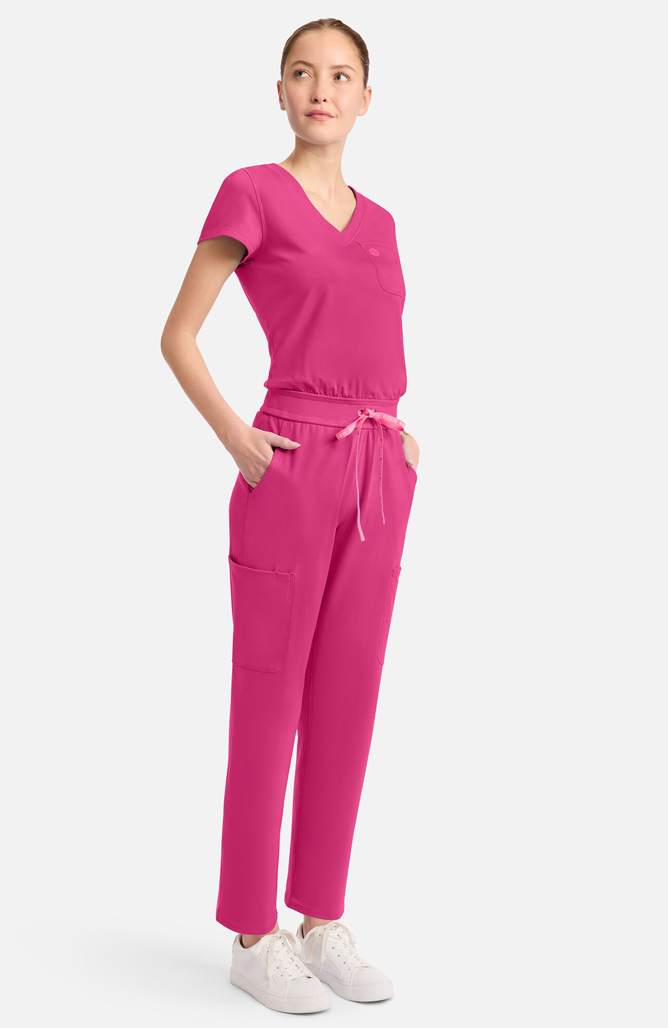 Women's Knit V-Neck Barrel Leg Scrub Jumpsuit, PKN Pink Power | pink, large