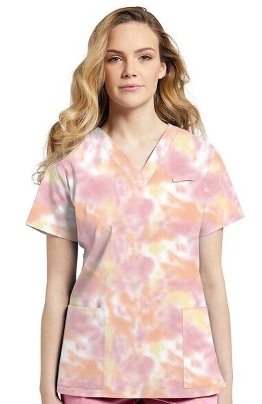 Women's Pink Tie Dye Print Scrub Top, , large