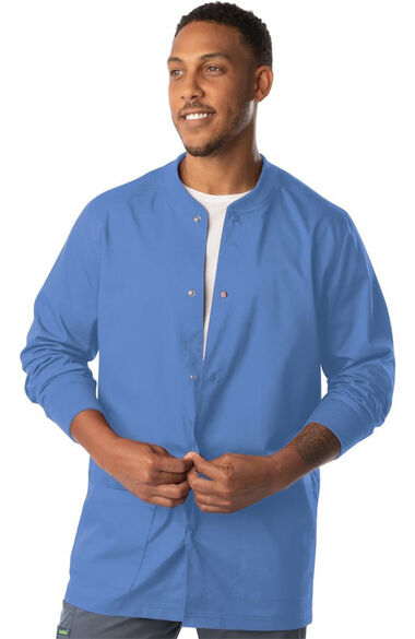 Clearance Men's Knit Collar Snap Front Solid Scrub Jacket, , large