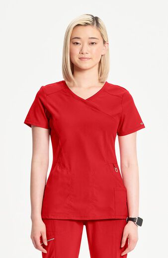 Women's 4-Pocket Knit Panel Mock Wrap Scrub Top Women's 4-Pocket Knit Panel Mock Wrap Scrub Top