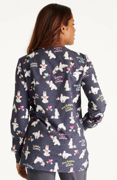 Women's Snap Front Calma Llama Print Scrub Jacket, , large