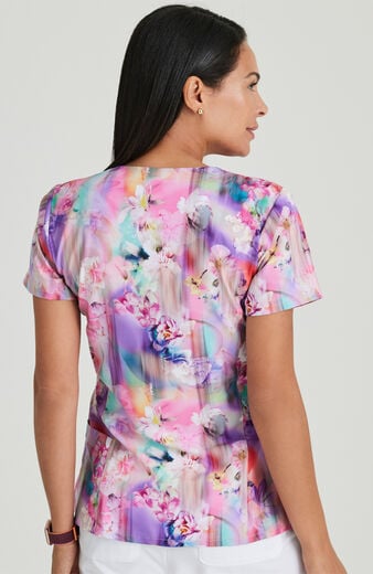 Clearance Women's V-Neck Floral Blooms Print Scrub Top