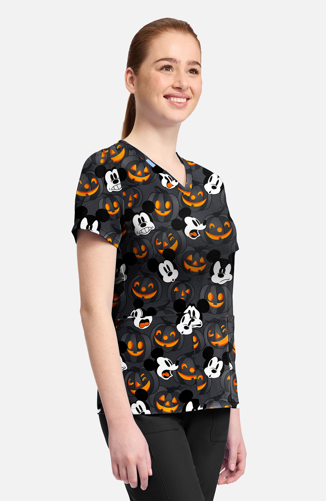 Women's Mickey Scaredy Pumpkin Print Scrub Top, , large