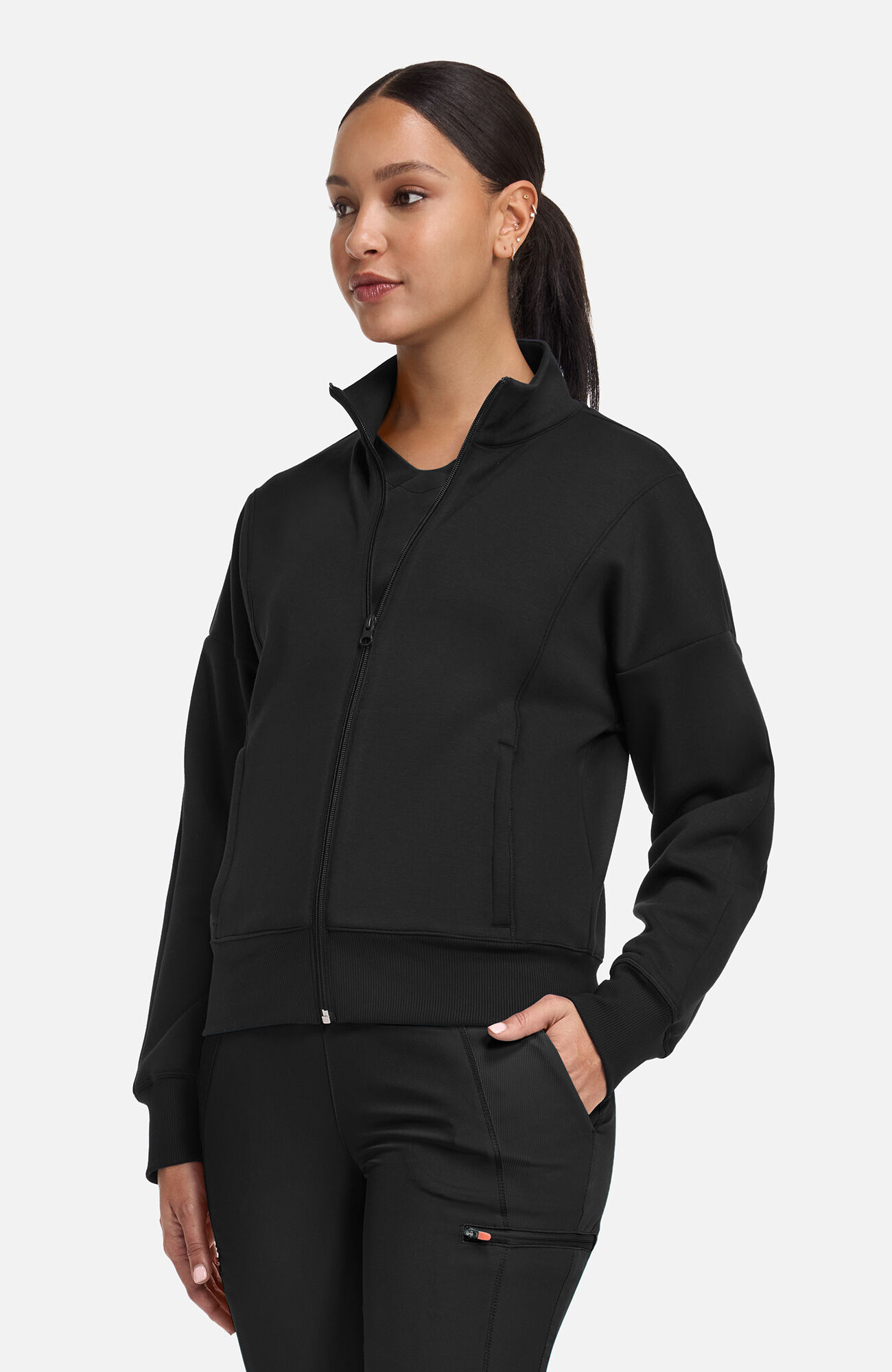 Women's Zip Front Dolman Cropped Scrub Jacket, BLK Black | black, large