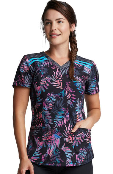 Clearance Women's Tie Dye Tropics Print Scrub Top, , large