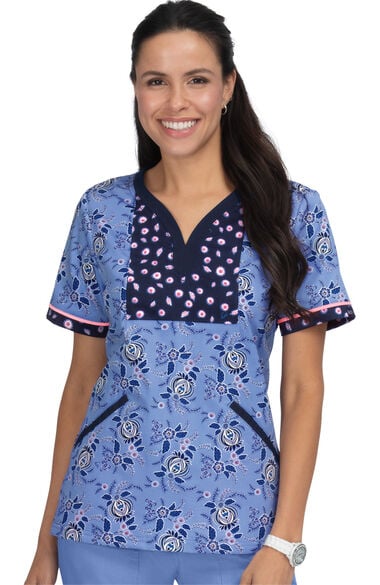 Clearance Women's Lennon Heart Shaped Neck Vintage Floral Print Scrub Top, , large