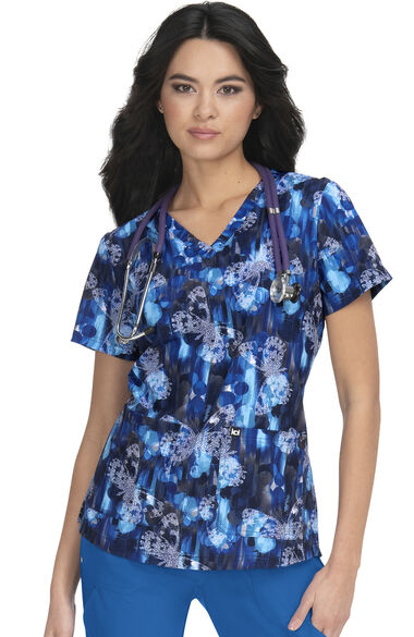 Clearance Women's Early Energy V-Neck Flutter Butterfly Print Scrub Top, , large