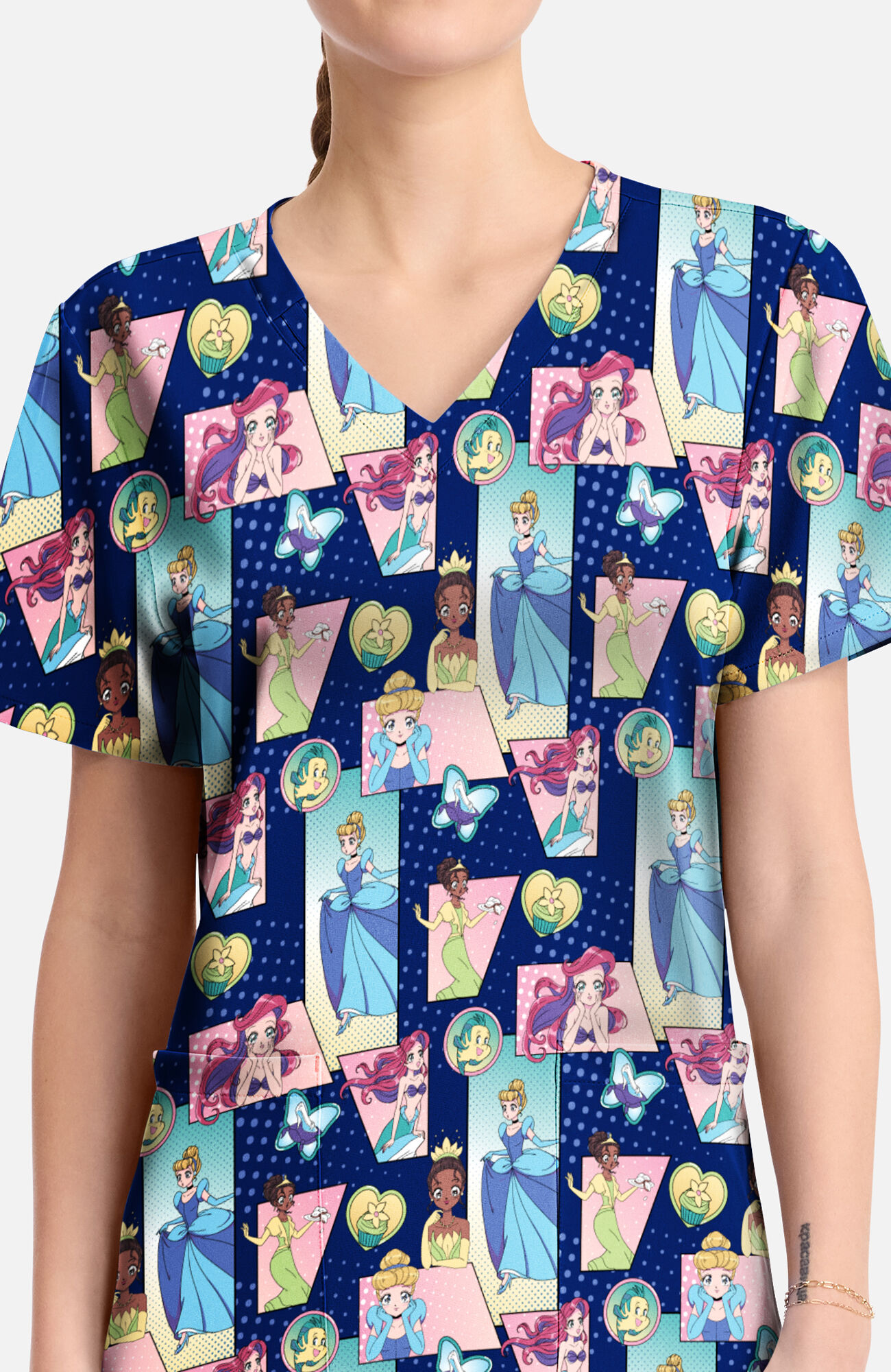 Women's Comic Princess Print Scrub Top, , large