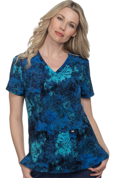 Clearance Women's Early Energy Ikat Floral Blue Print Scrub Top, , large