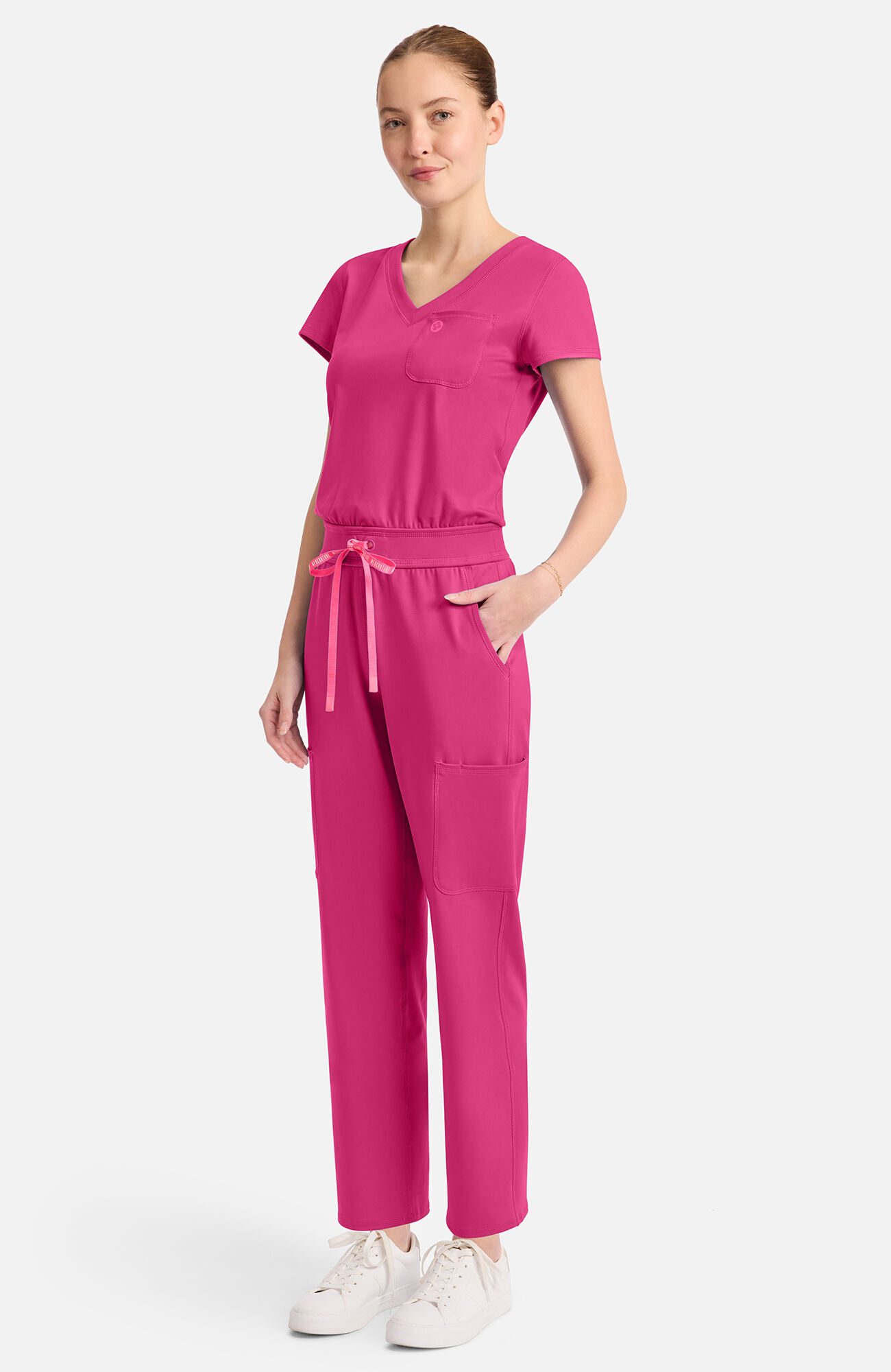 Women's Knit V-Neck Barrel Leg Scrub Jumpsuit, PKN Pink Power | pink, large